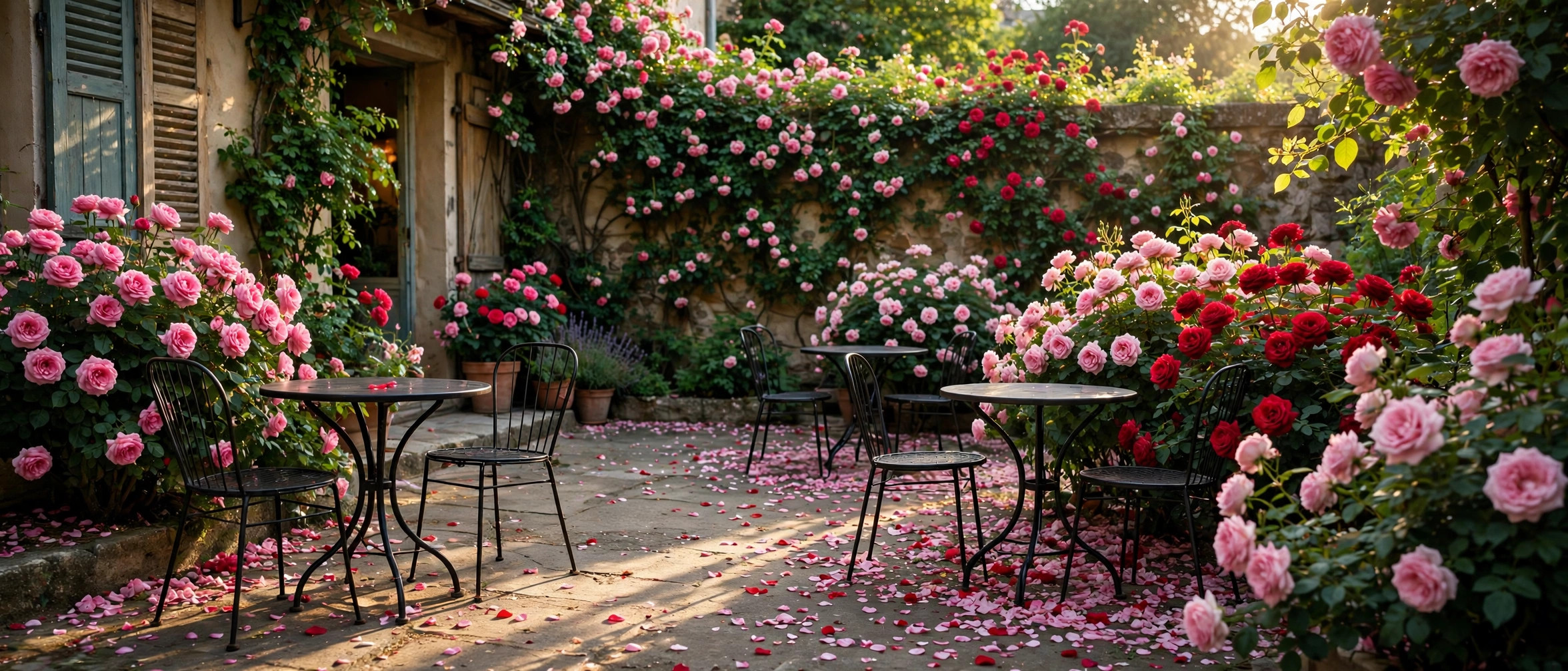 Cafe tables in a blooming rose garden